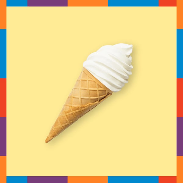 Glace vanille, sur fond jaune pâle avec bordure de couleurs rouge, bleu, violet, orange et vert.