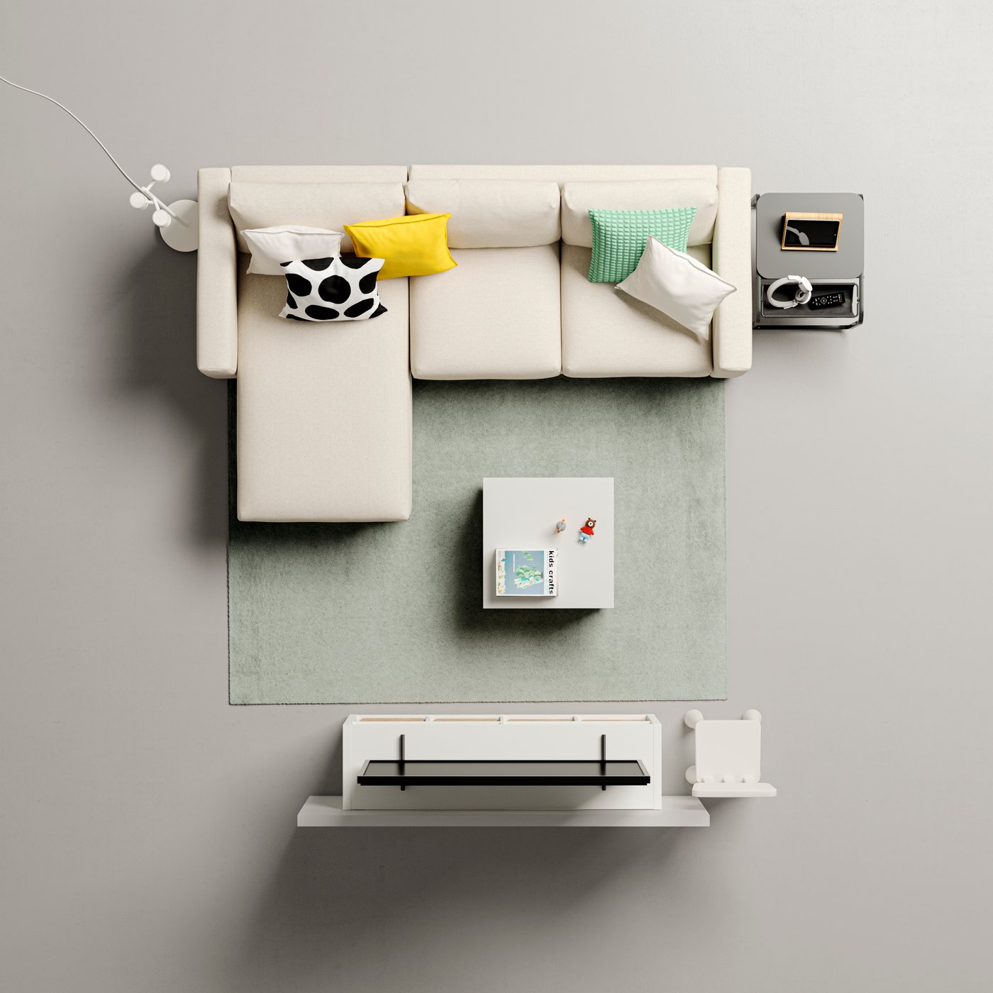 An OLSERÖD side table stands at the side of a VIMLE 3-seat sofa with chaise lounge near a SLÄKT storage box with castors.