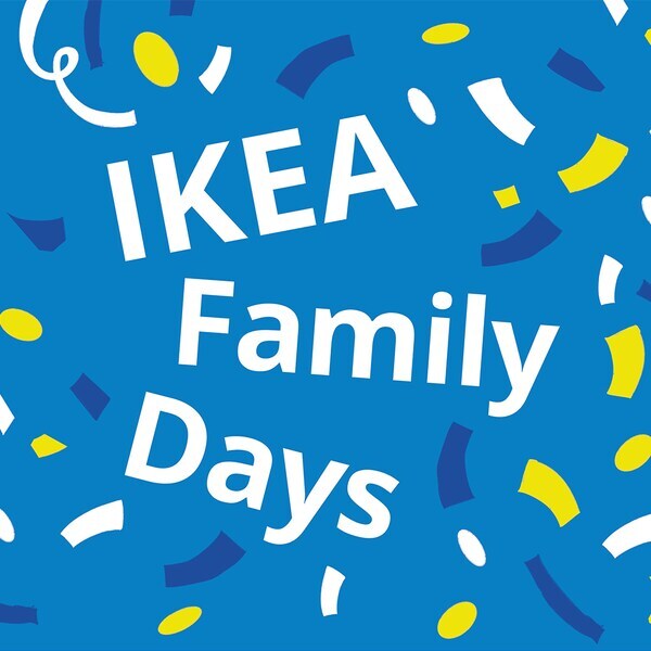 IKEA Family Days Werbegrafik mit weißem Text auf blauem Hintergrund und buntem Konfetti in Blau, Gelb und Weiß.