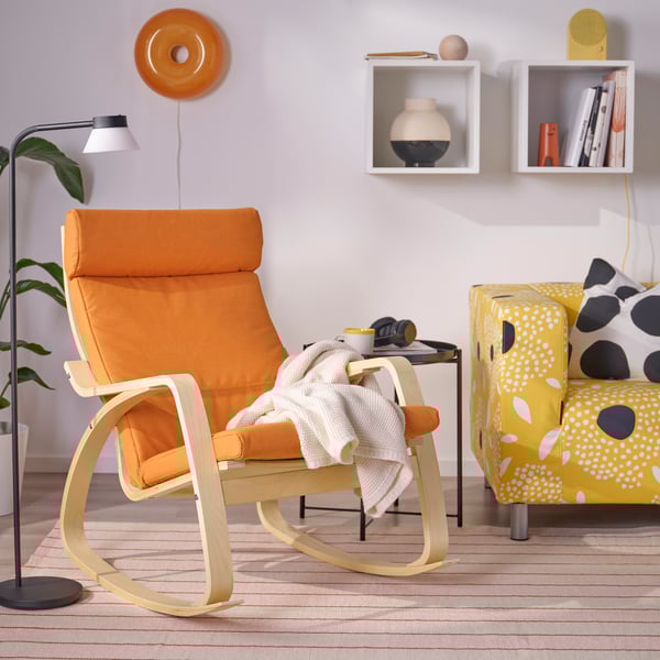 A birch veneer/Knisa bright orange POÄNG rocking-chair