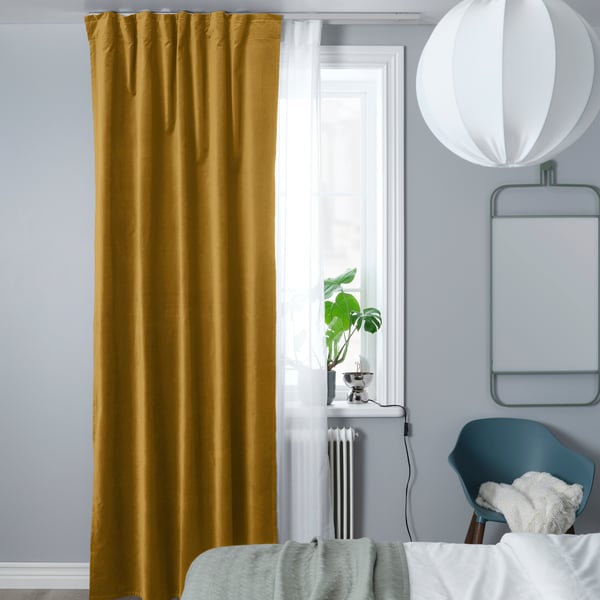 A with heading tape/beige-yellow MAJGULL room darkening curtains, 1 pair