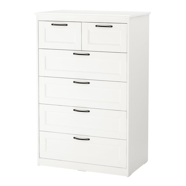 A white SONGESAND chest of six drawers in the NA