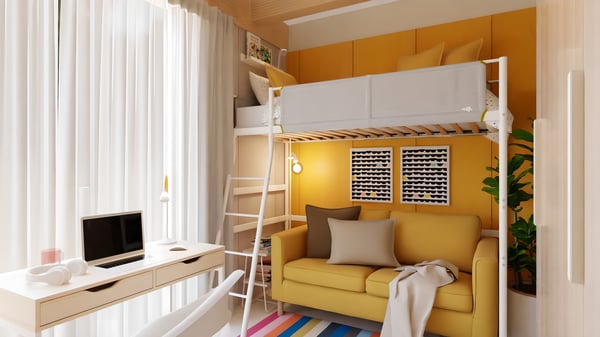 Projeto de Design de interiores de um quarto de adolescente com beliche VITVAL, sofá amarelo e secretária