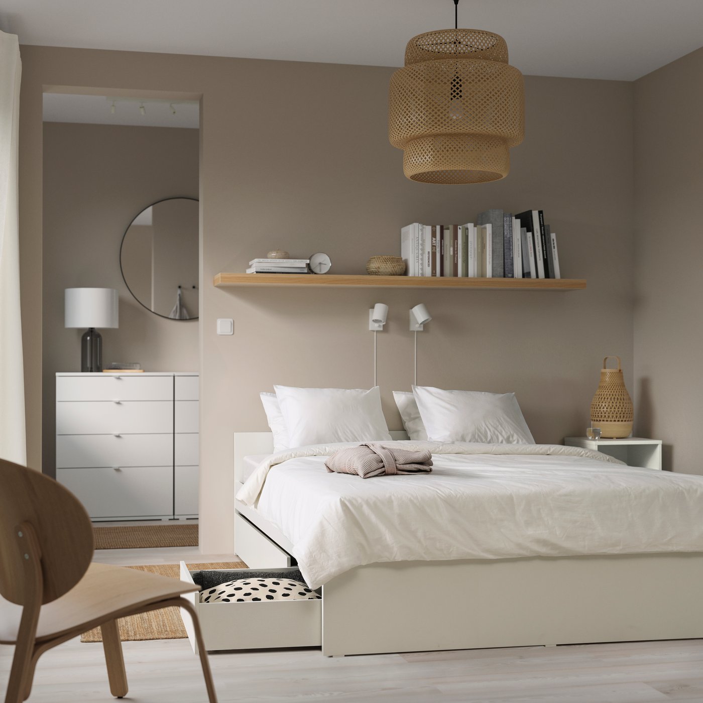 A white/Luröy VIHALS bed frame with 2 storage boxes