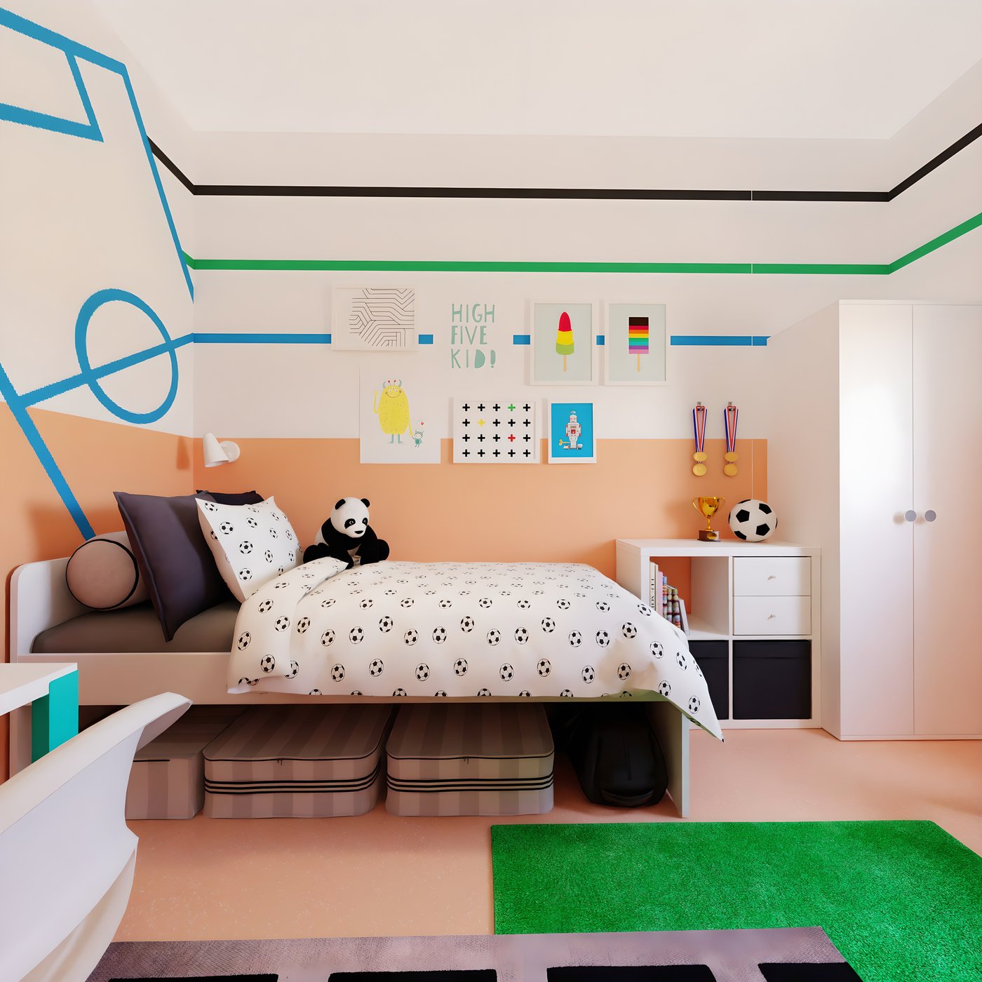 A teenager's room with a SLÄKT single bed with two fabric pouffes underneath, with a KALLAX shelving unit alongside and a small two-door wardrobe. 