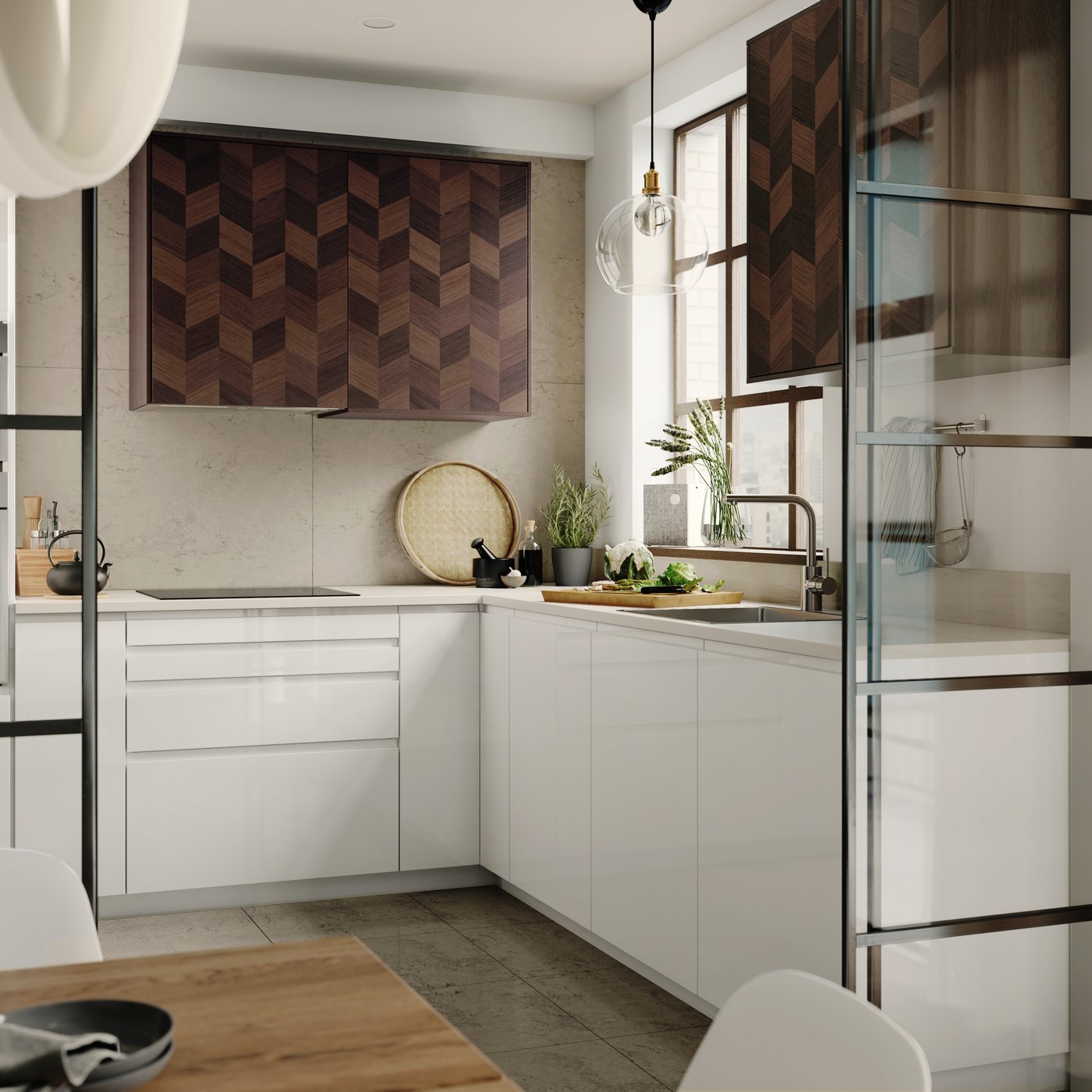 A high-gloss white VOXTORP door in the kitchen