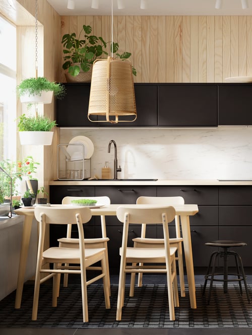 Kitchen with base cabinets, wall cabinets, table, chairs, stool, potted plants, pendant lamp, mixer tap, rug, plates.