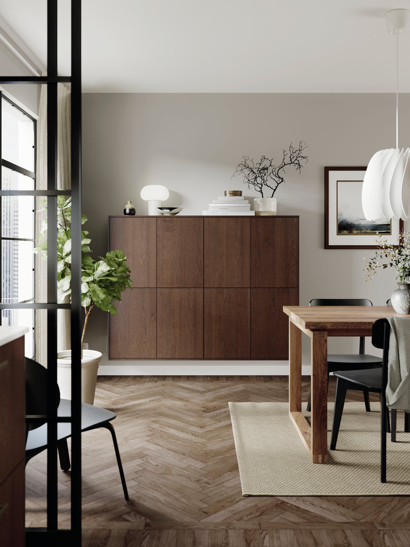 An office setting with a brown SINARP cabinet sitting against a beige wall.