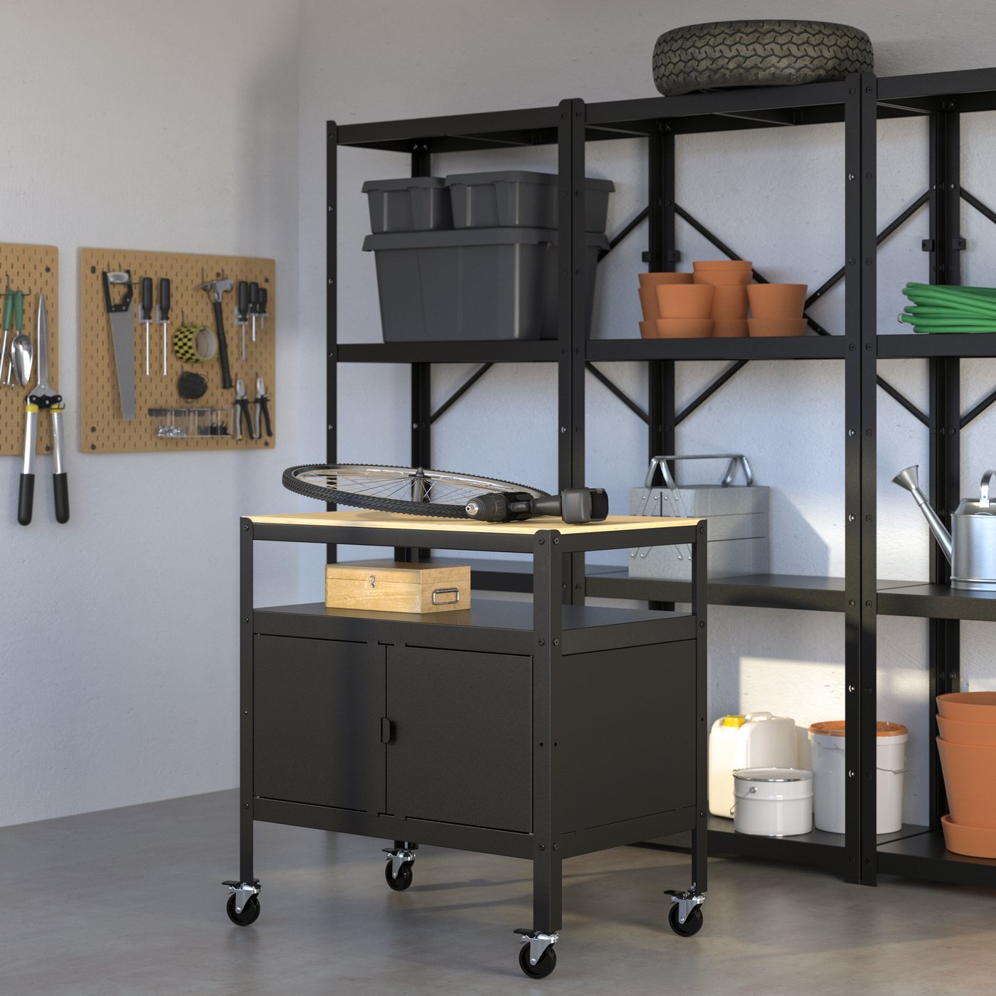A black/wood BROR trolley with closed storage in the garage