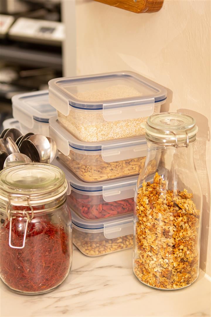 A clear glass KORKEN jar with lid in the kitchen