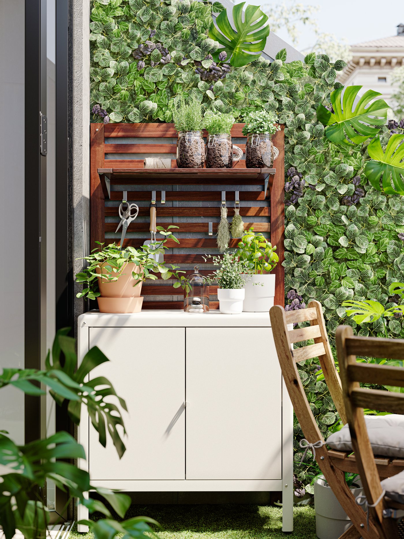 A balcony wall with artificial plants on it, a beige cabinet with plant pots on it, a wall panel with gardening tools.