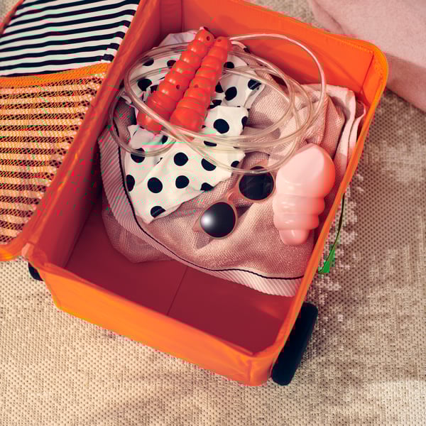 Un contenitore con rotelle. All'interno diversi oggetti come una corda per saltare, occhiali, indumenti e molto altro.