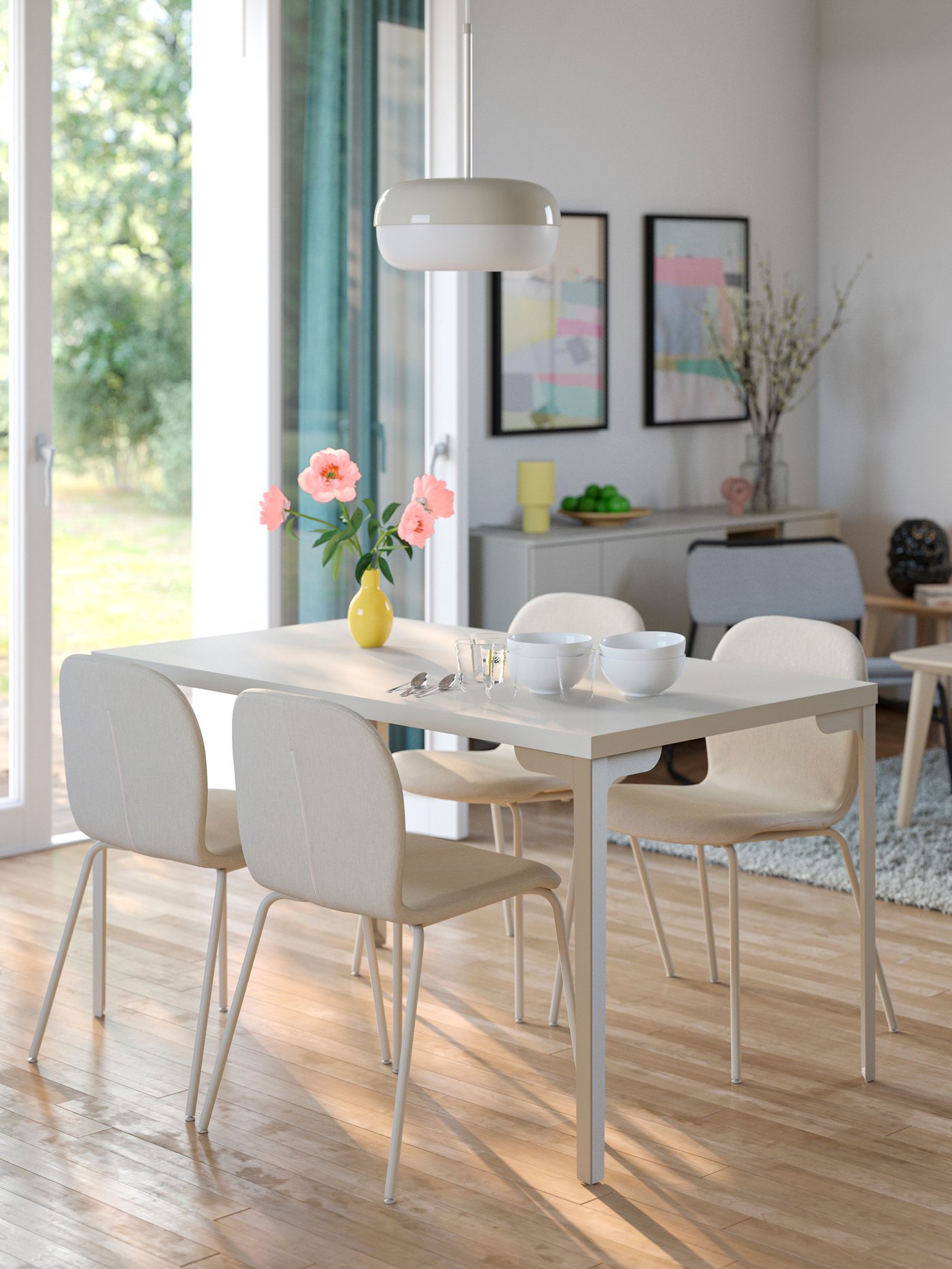 A Knäbäck beige/tubular metal/light grey-beige SKÅLSTA chair in the dining room