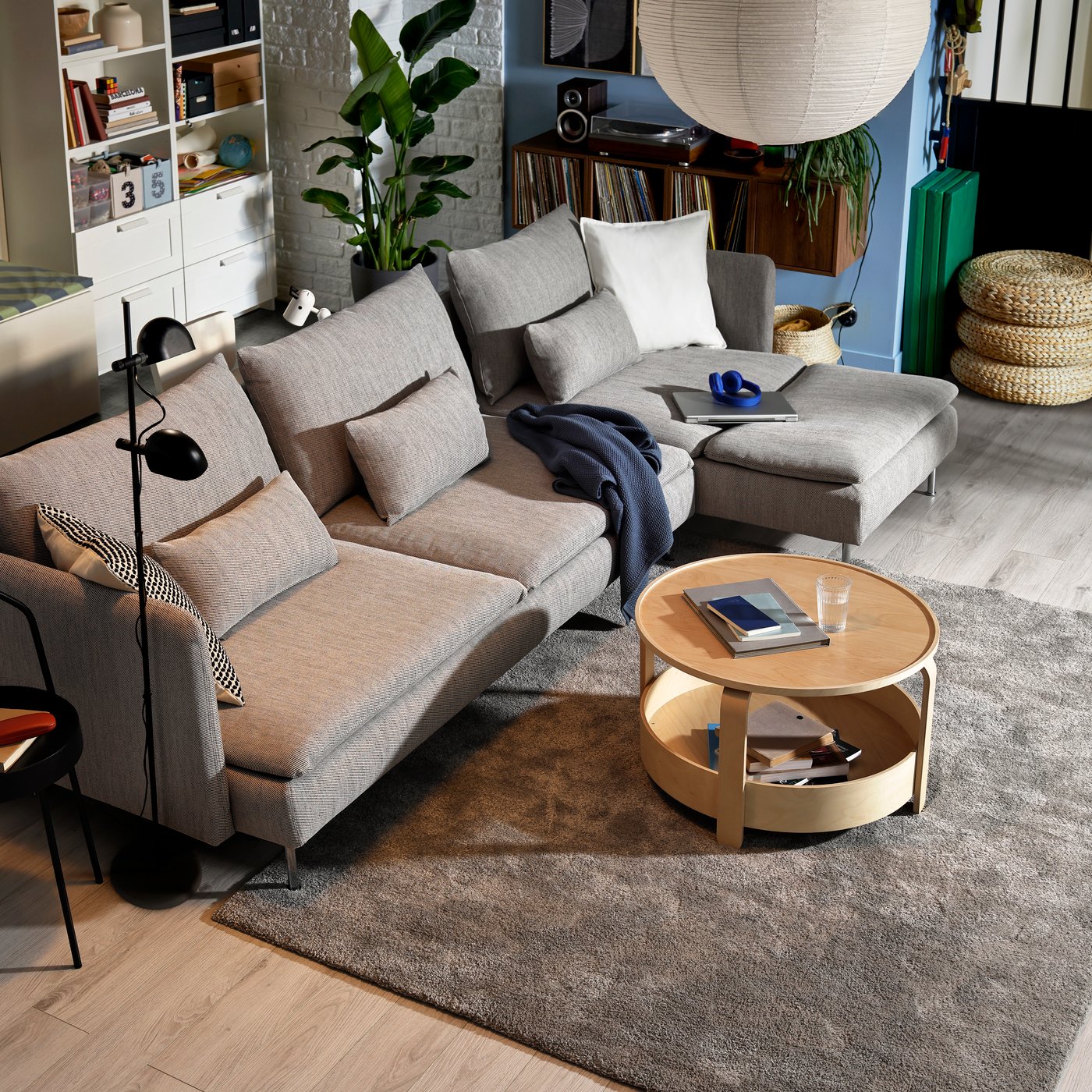 A with chaise longue/Viarp beige/brown SÖDERHAMN 4-seat sofa-bed