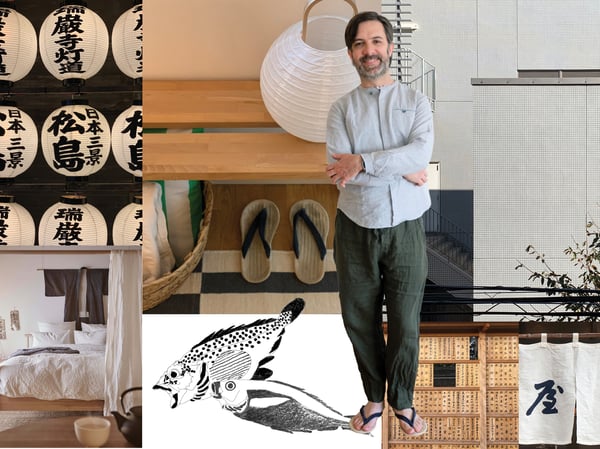 A moodboard of images in minimalistic, japandi style, and with a portrait of Andres.