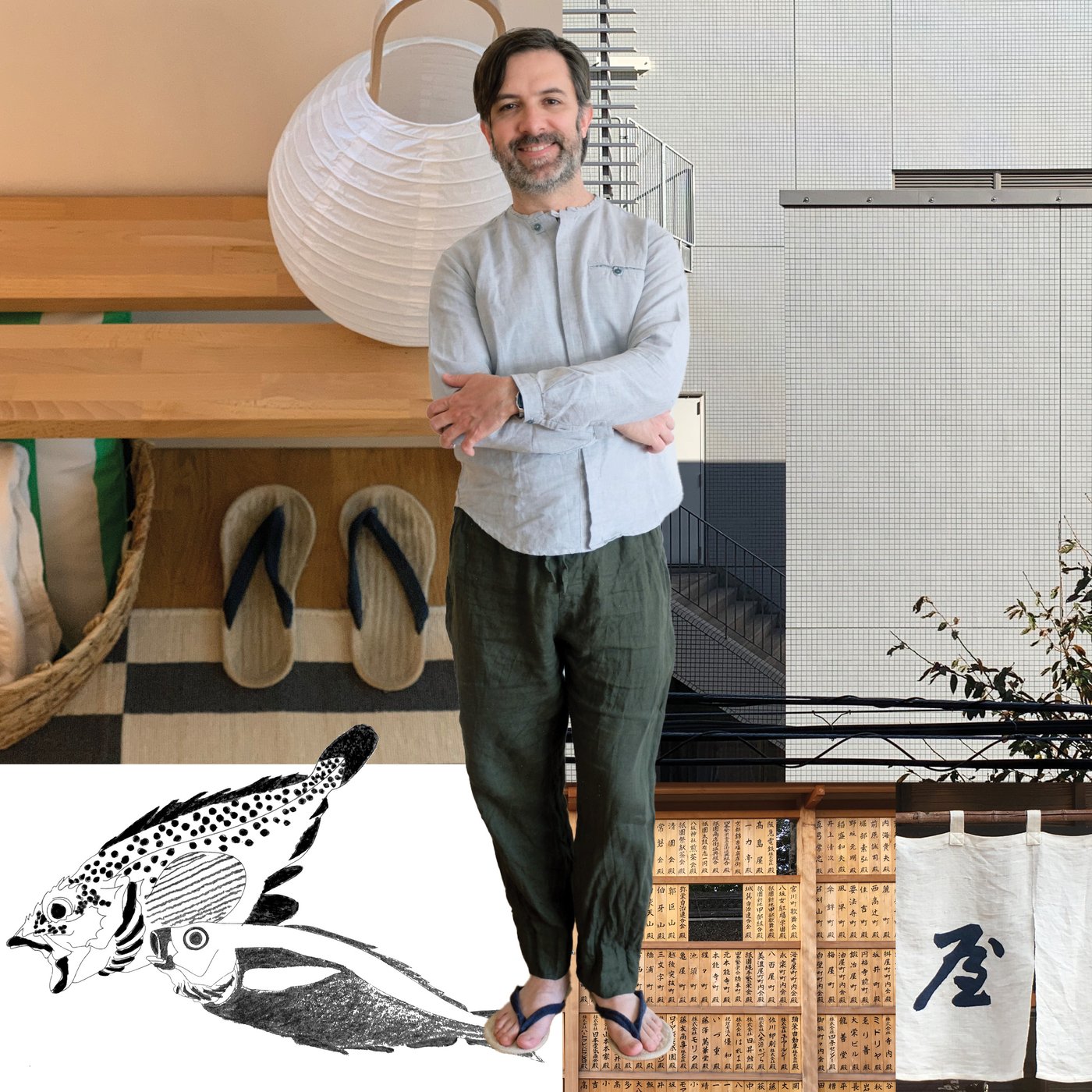 A moodboard of images in minimalistic, japandi style, and with a portrait of Andres.