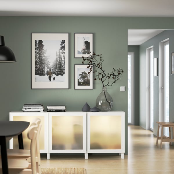 A white/Glassvik/Stubbarp white frosted glass BESTÅ storage combination with doors