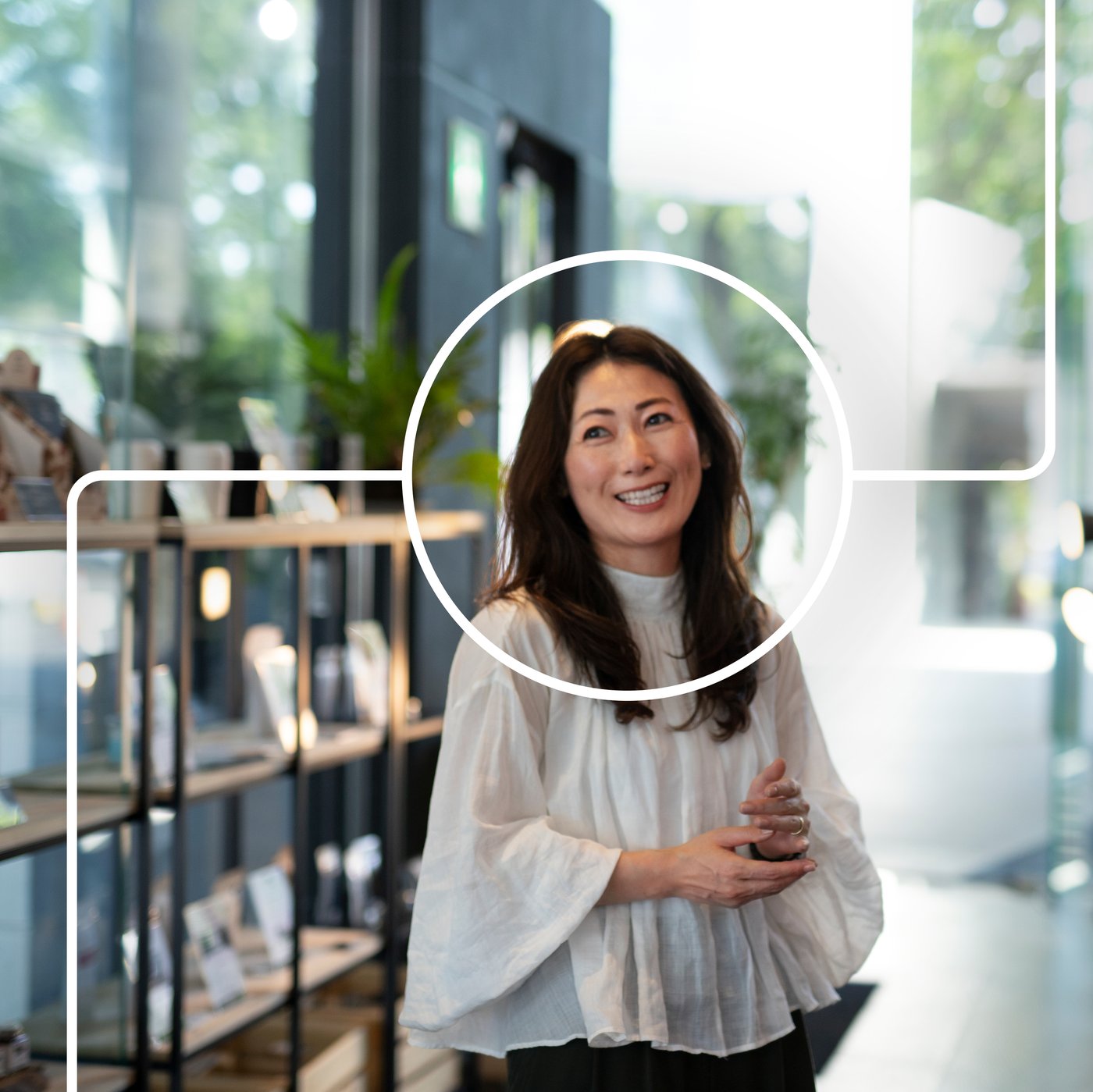 A woman is laughing in the camera