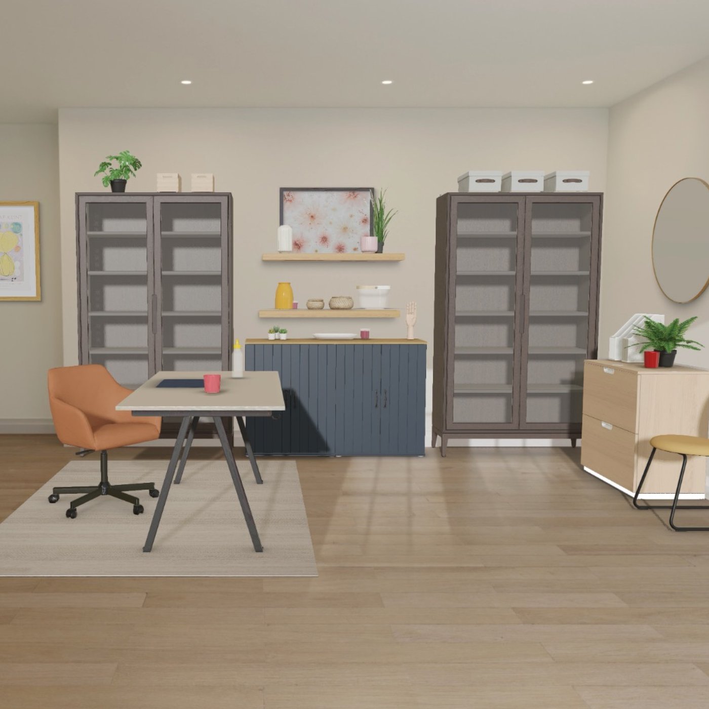 3D of an office with a desk, a chair and storage office solutions.