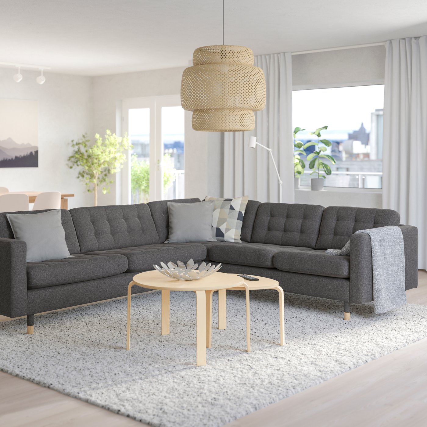 A Gunnared dark grey/wood MORABO corner sofa, 5-seat