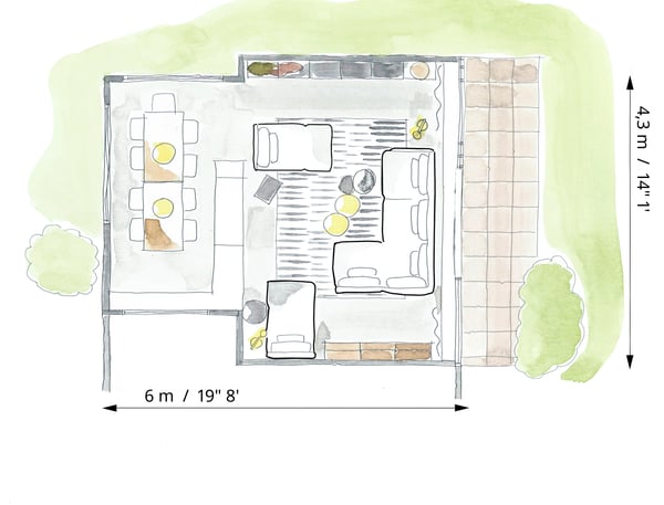 A floor plan of a living room showing the dining area and the seating area.
