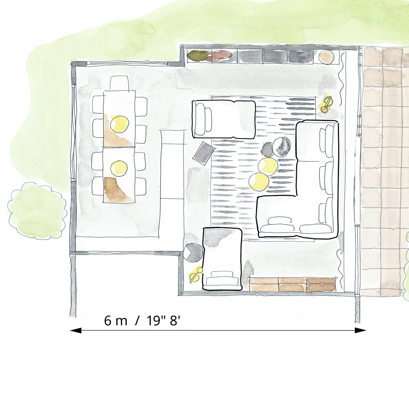 A floor plan of a living room showing the dining area and the seating area.