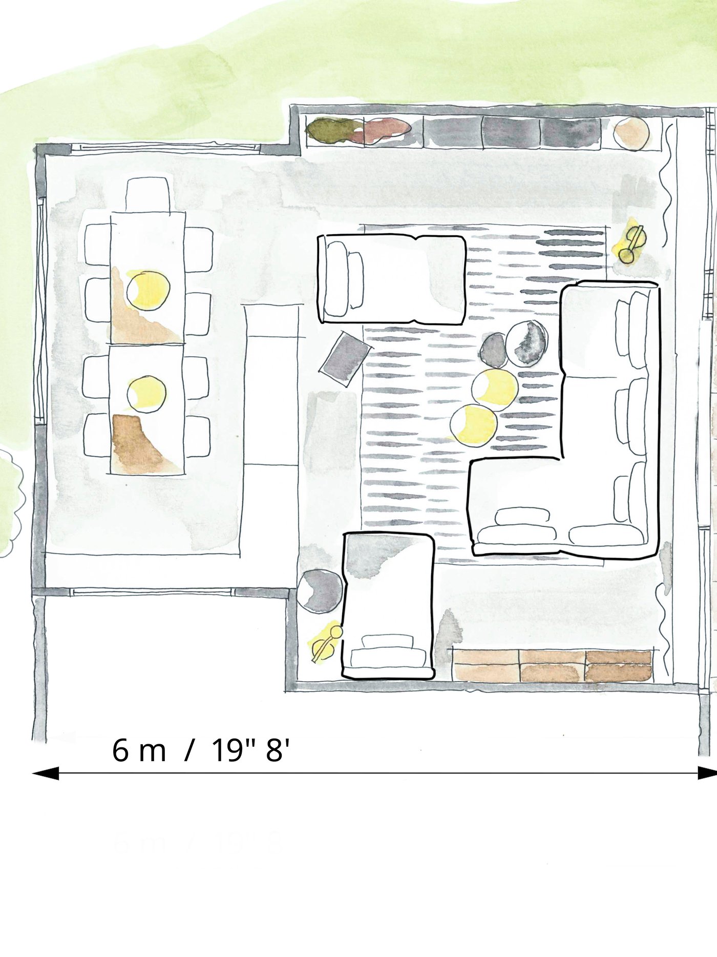 A floor plan of a living room with several sofas drawn in.