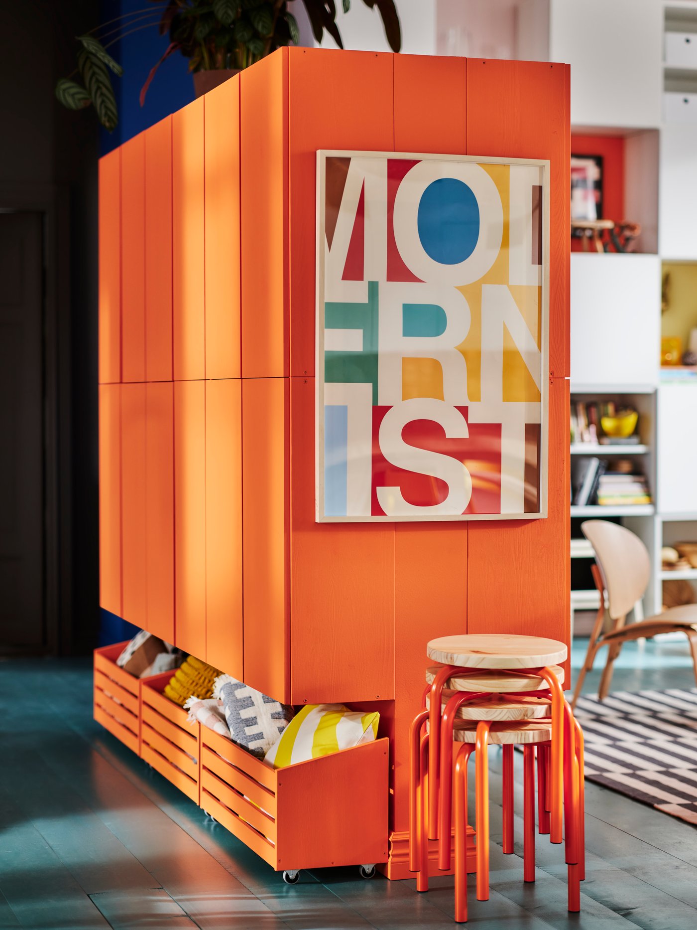 An orange/pine DOMSTEN stool