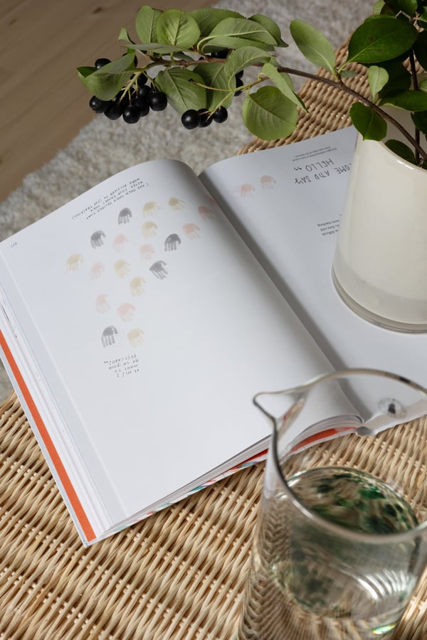 En bok ligger oppå rottingbenken.