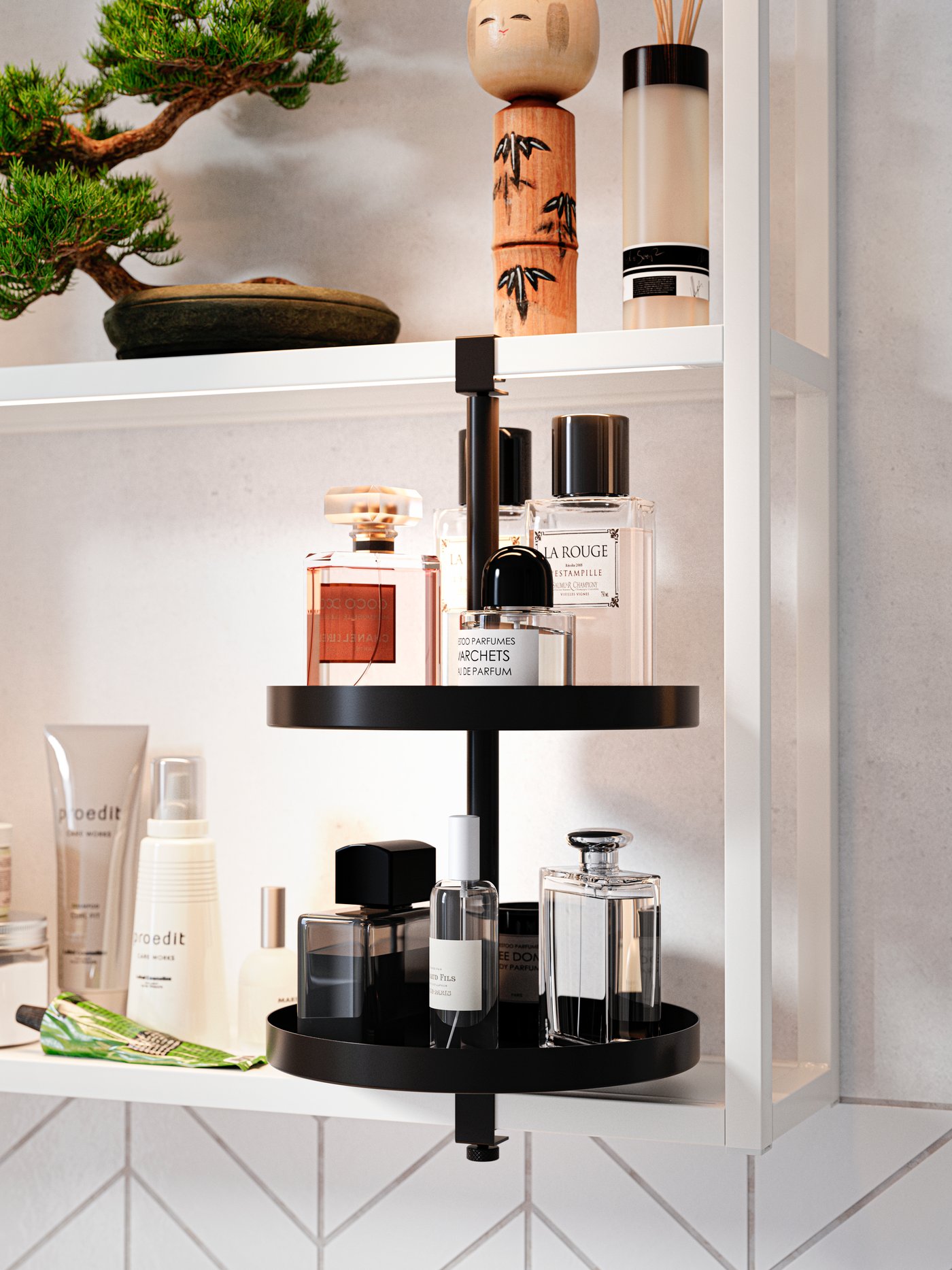 A black swivel shelf attached to a white frame with shelves with bottles of perfume and toiletries.