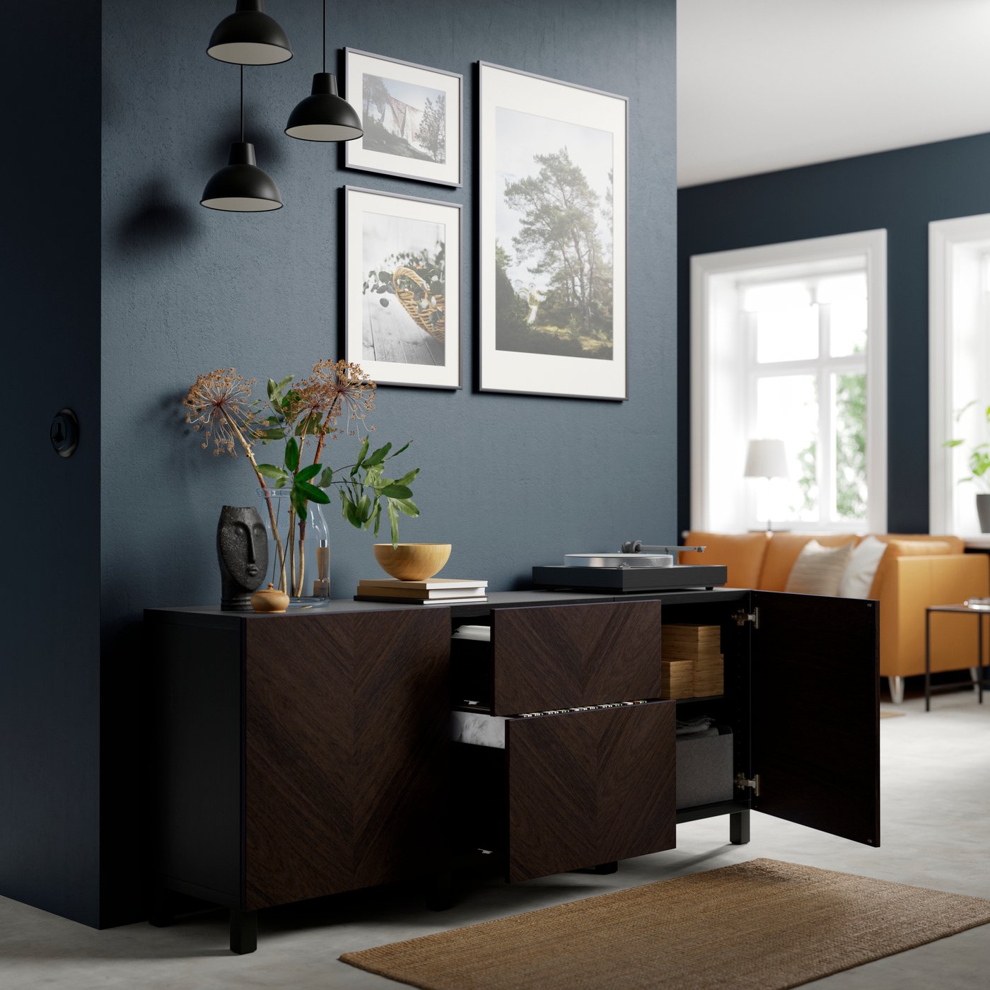 A black-brown Hedeviken/Stubbarp/dark brown stained oak veneer BESTÅ storage combination with drawers in the hallway
