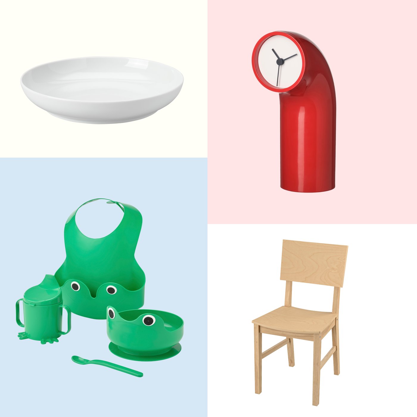 Barevné nákupní rozložení s hlubokým talířem IKEA 365+, jídelní sadou MATA, stolními hodinami IKEA PS 2026 a židlí KARSKÄR.
