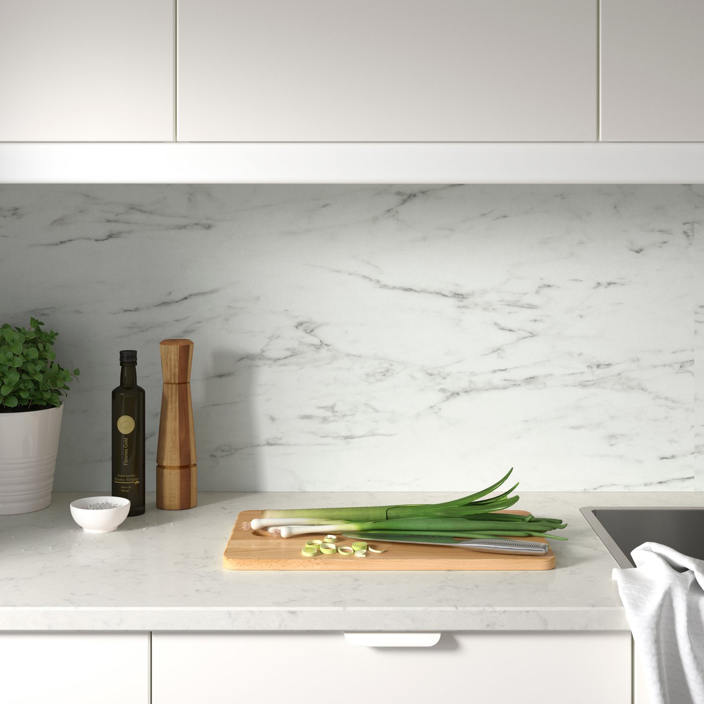 A double sided white marble effect/terrazzo effect LYSEKIL wall panel