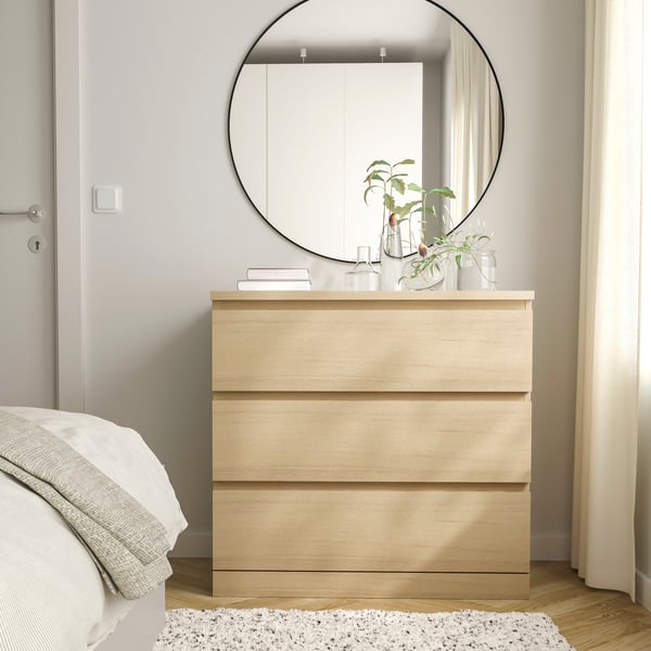 A white stained oak veneer MALM chest of 3 drawers