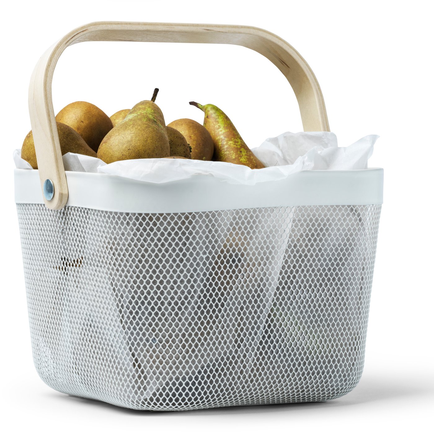 A white RISATORP basket in the kitchen