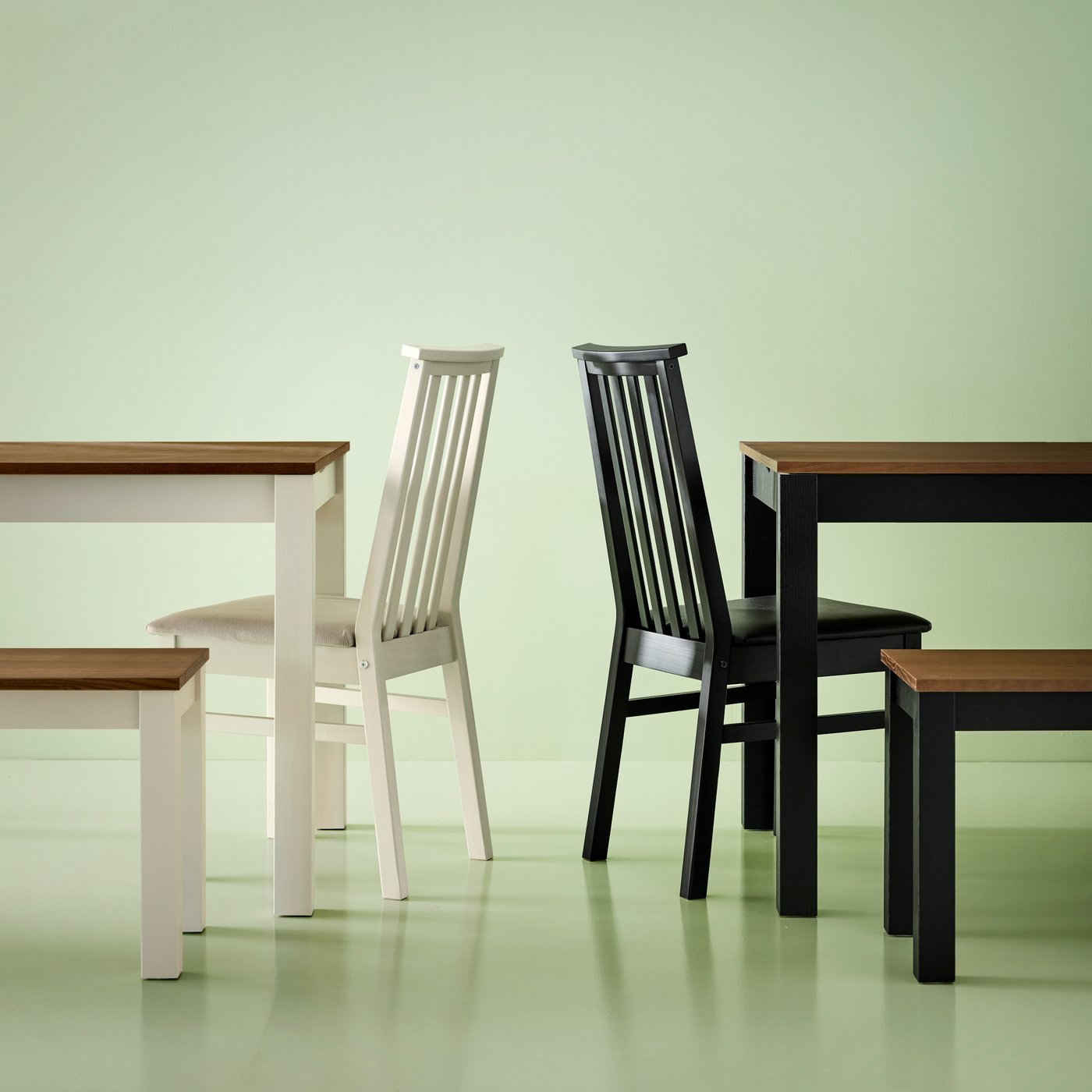 Extendable tables, benches and chairs from the ÅLHULT series in black/brown and beige/brown against a green background.
