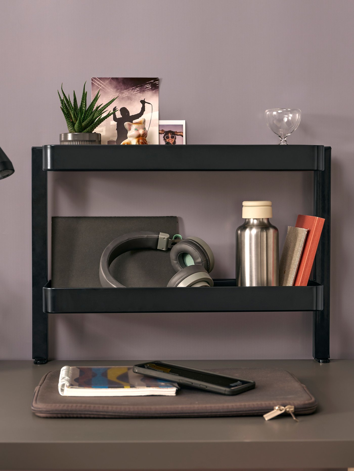 A white VATTENKAR desktop shelf