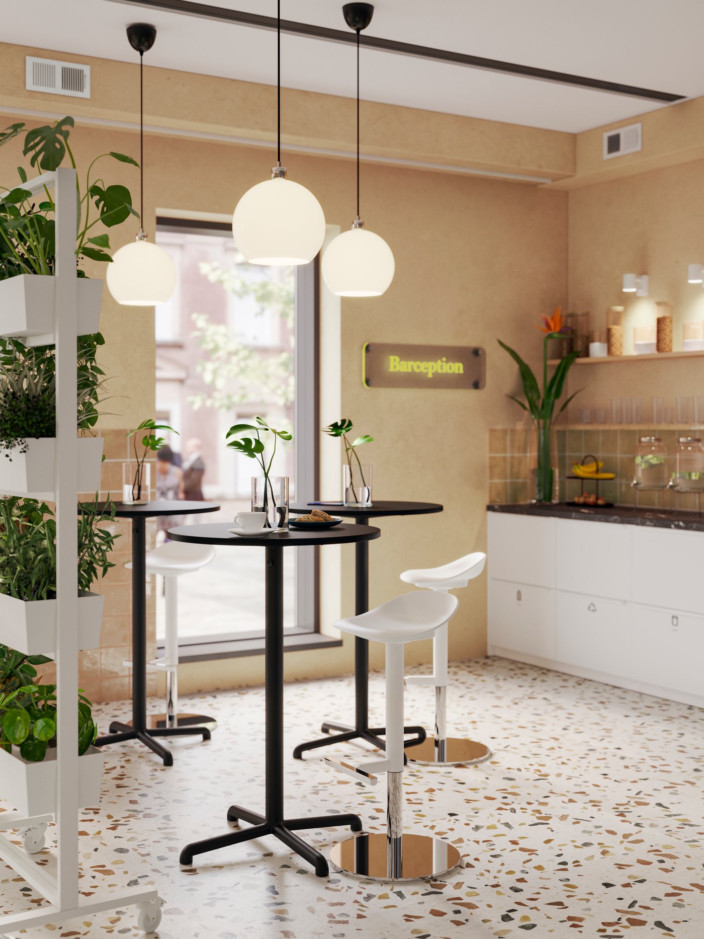 A sun-filled, modern cafe corner area has three, round black STENSELE bar tables with white bar stools on a terrazzo floor.
