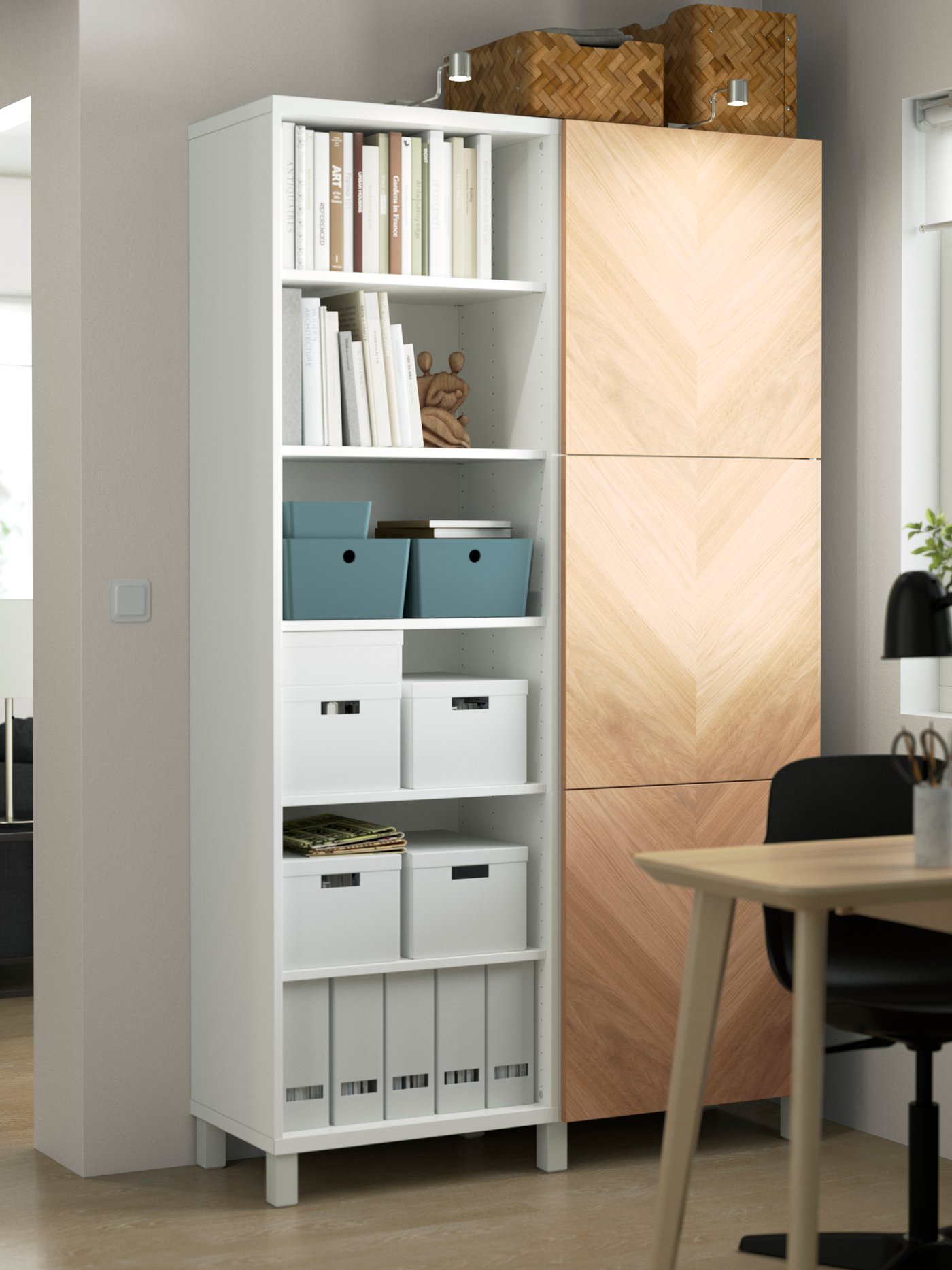 A white/Hedeviken oak veneer BESTÅ storage combination with doors