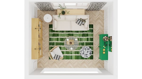 An overview image of a room layout shown from above, displaying the furniture arrangement, rugs, storage and placement of décor in a rectangular room.