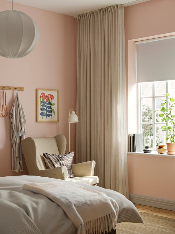 An off-white dark grey/striped with heading tape MAISTANGG curtains, 1 pair in the bedroom