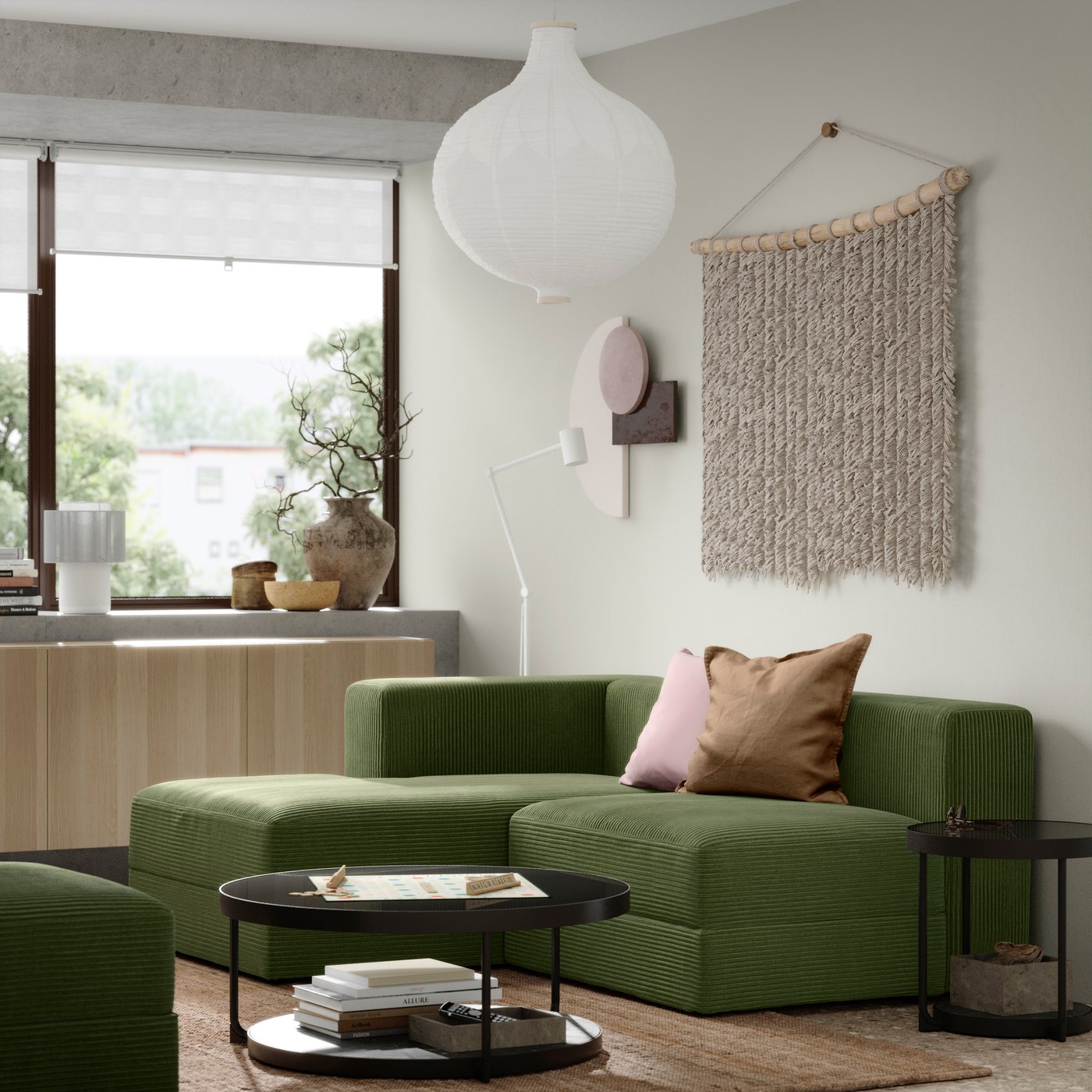 Divano modulare JÄTTEBO a 2,5 posti con chaise longue, colore giallo-verde scuro sinistro/Samsala