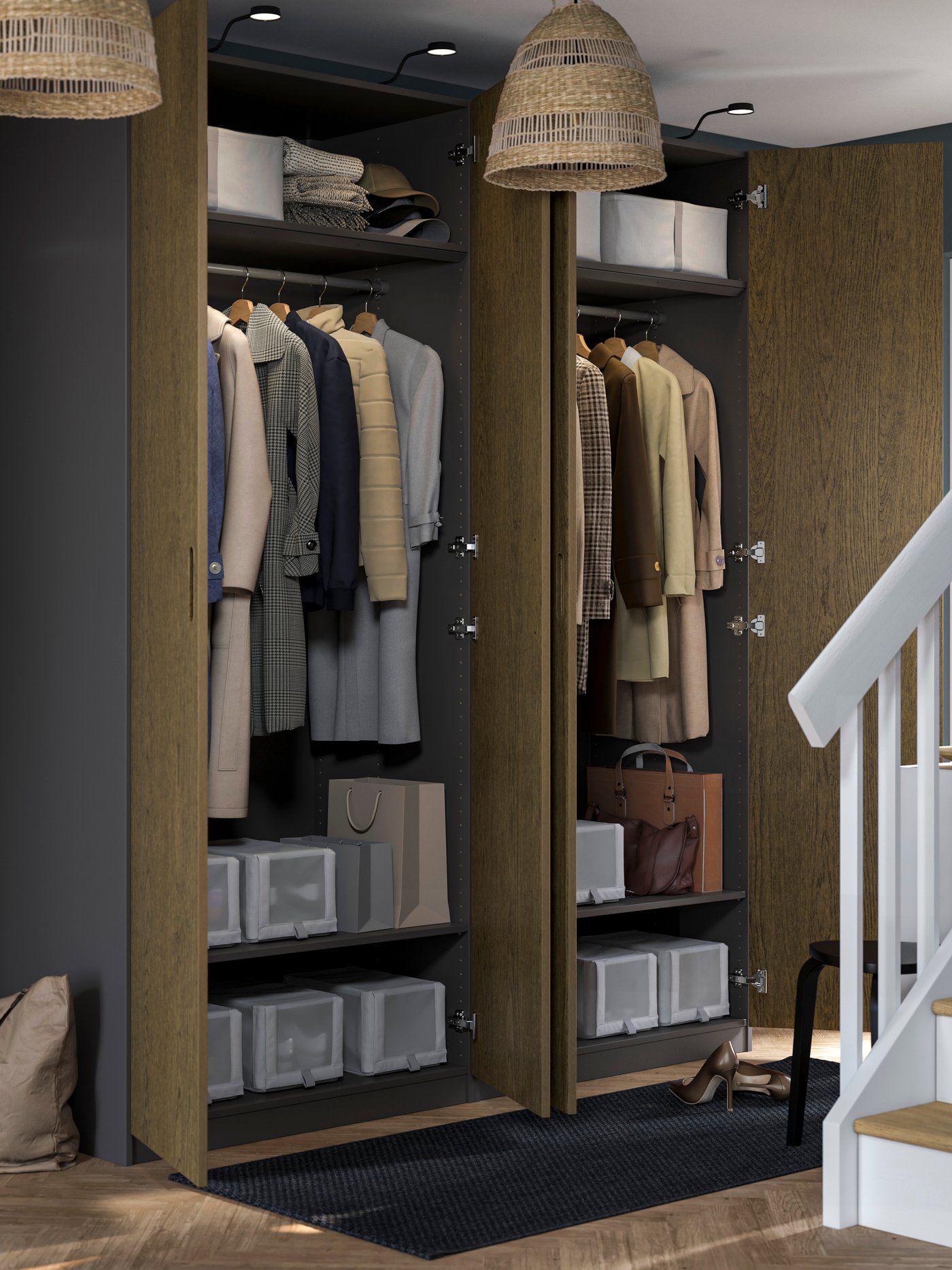 A dark grey/brown stained oak veneer PAX wardrobe combination