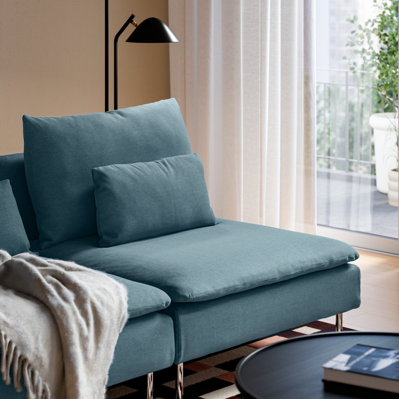 2-pers. sofa, med chaiselong med armlæn/Fridtuna mørk gråblå