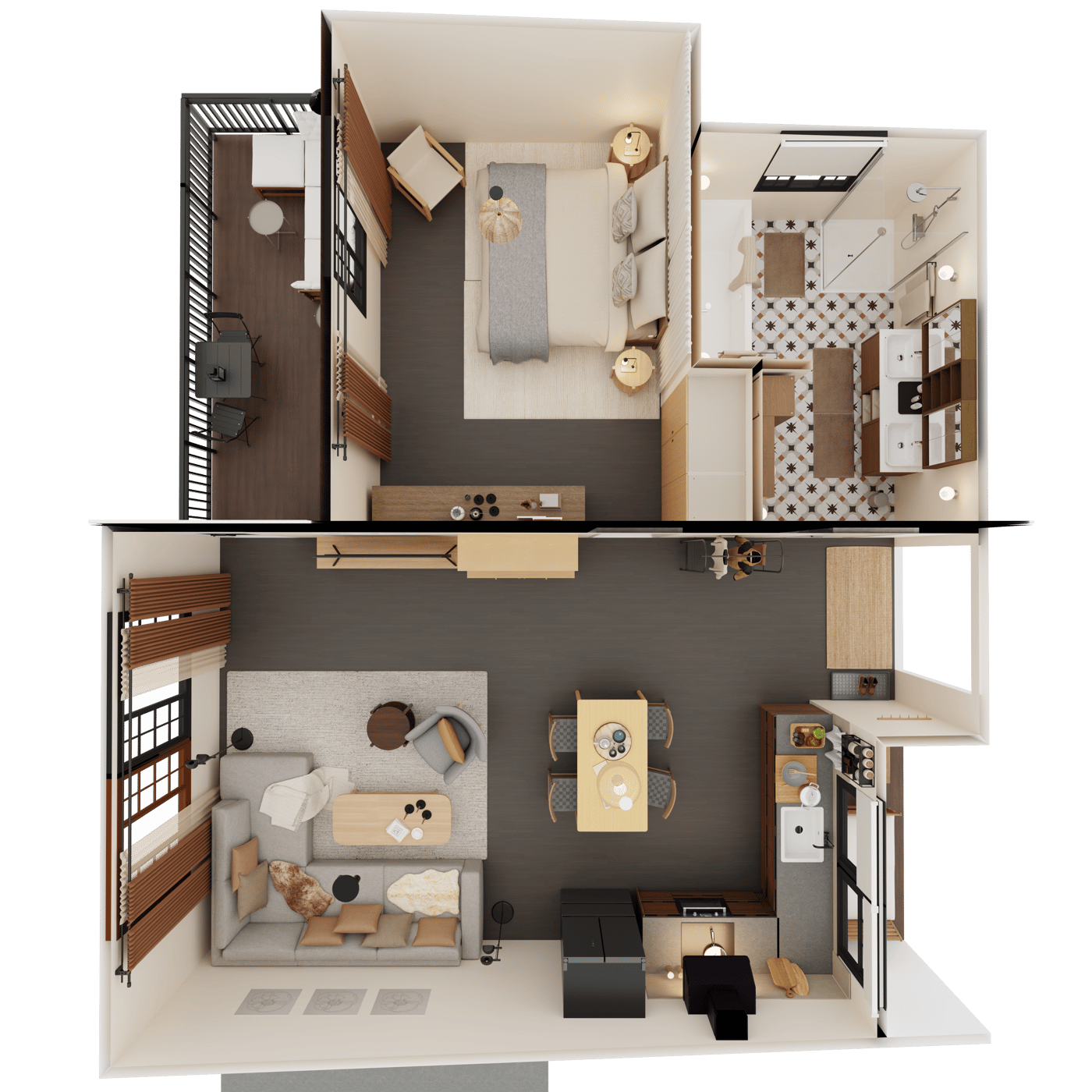 Grundriss einer Ferienwohnung mit dunkel gehaltemem Stil. Wohnzimmer und Küche sowie Essbereich sind in einem Raum. Schlafzimmer und Badezimmer sind separat.