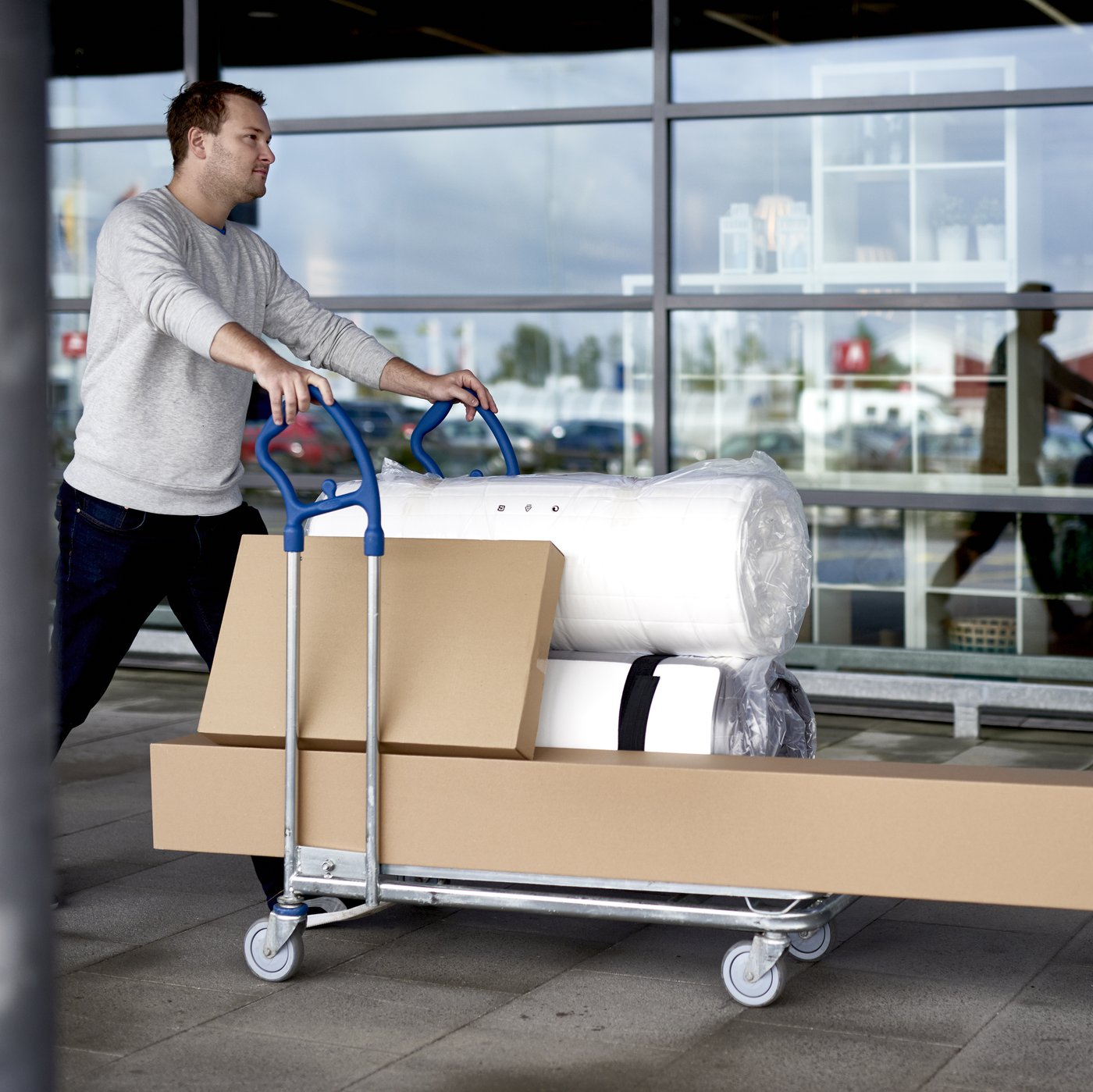 Persona que lleva productos IKEA en un carrito.