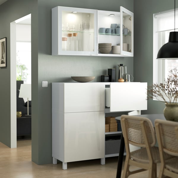 A white/Selsviken/Stubbarp high-gloss/white clear glass BESTÅ storage combination w doors/drawers
