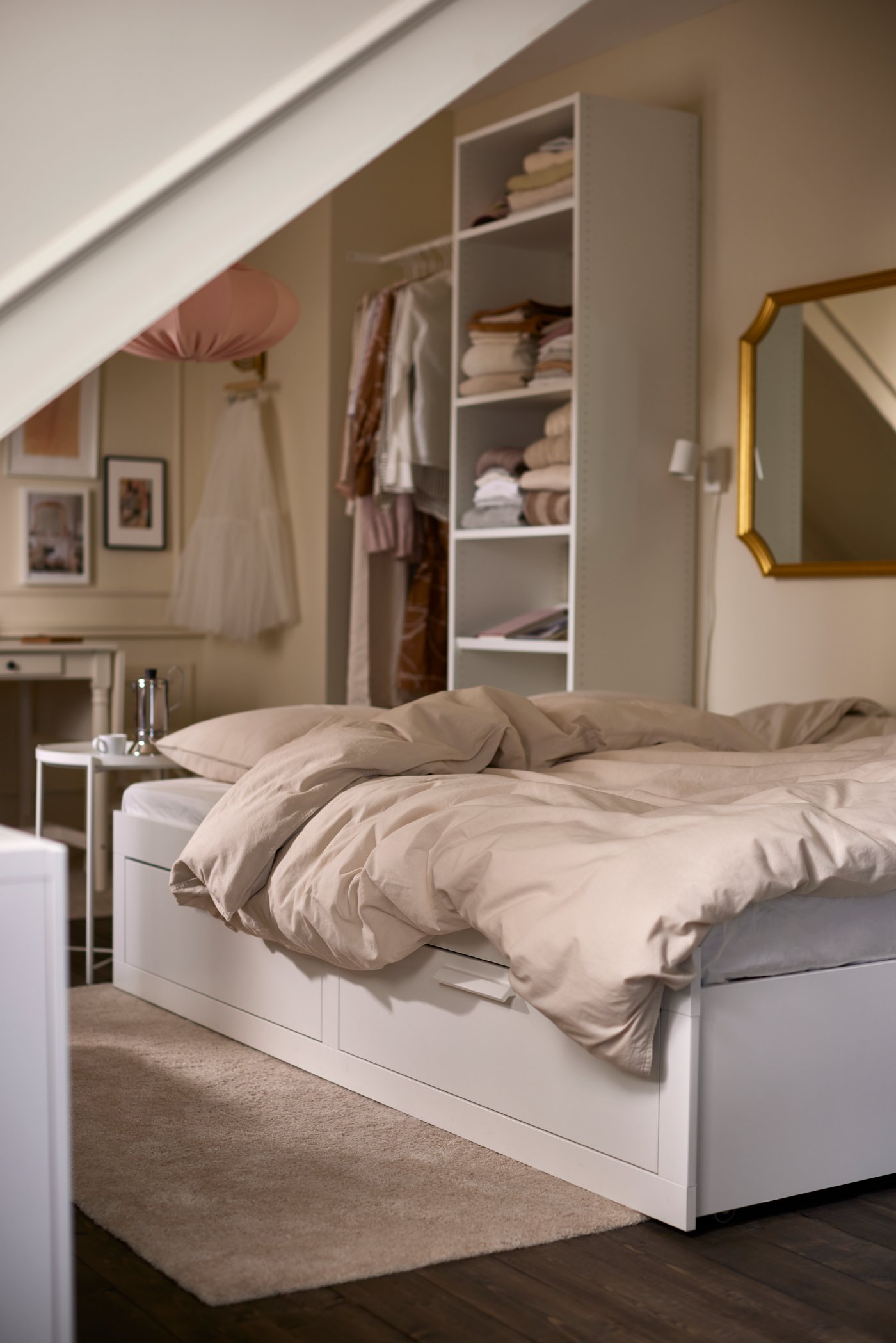 A white GLADOM tray table in the bedroom
