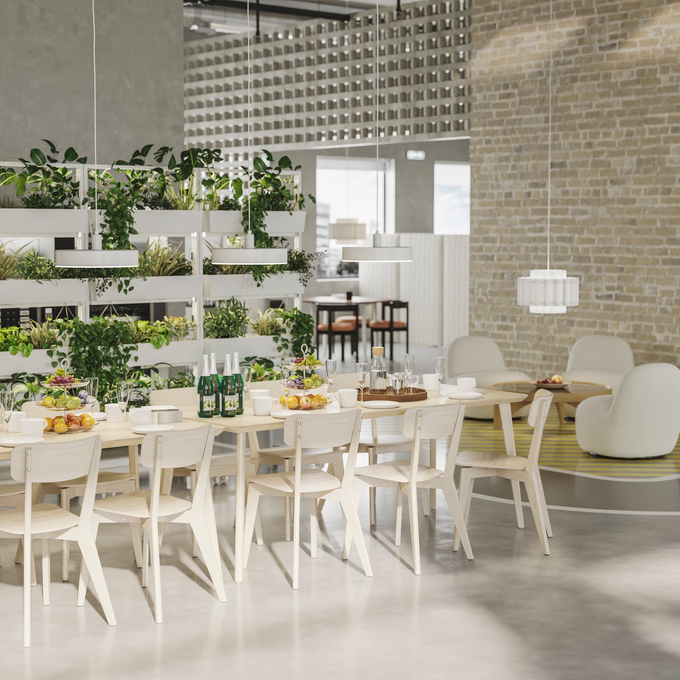 A sunny office dining area with white tables and wooden chairs, flanked by plant stands with cascading greenery