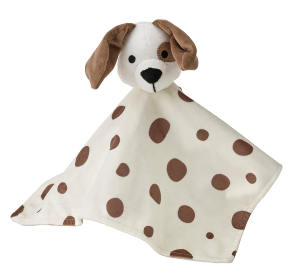 A puppy-shaped white/brown DRÖMSLOTT comfort blanket with soft toy